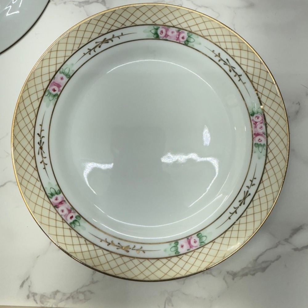 Vintage Nippon‎ Hand Painted Rose Lattice Porcelain Salad Plates 5 Gold Gilding